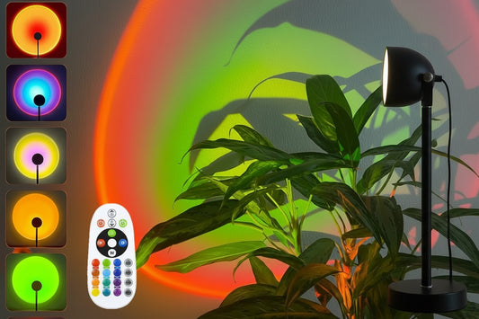 Black adjustable plant grow light with remote control and smartphone app interface, surrounded by plants.