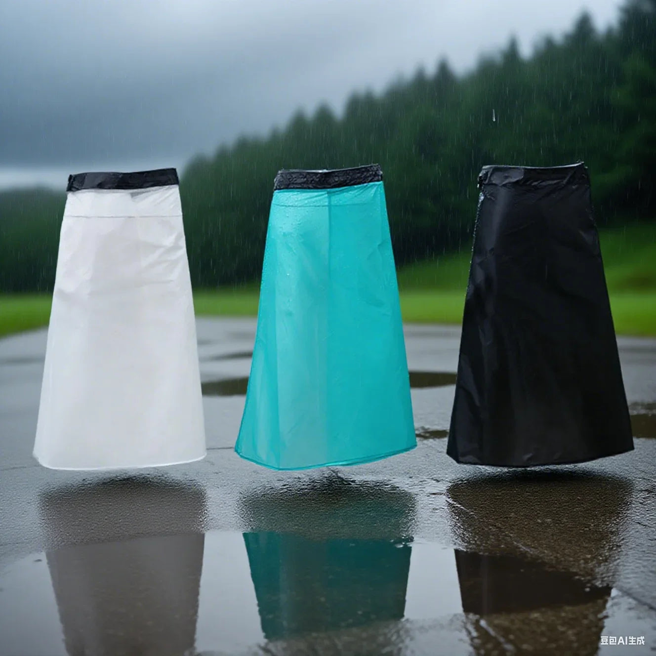 Three raincoats in white, turquoise, and black standing on a wet surface with a rainy background.