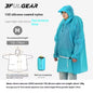 A person wearing a bright blue hooded raincoat on a white background, with product text, a size measurement diagram, a raincoat storage bag, and a small product photo inset. The brand name 3FULGEAR is visible at the top.