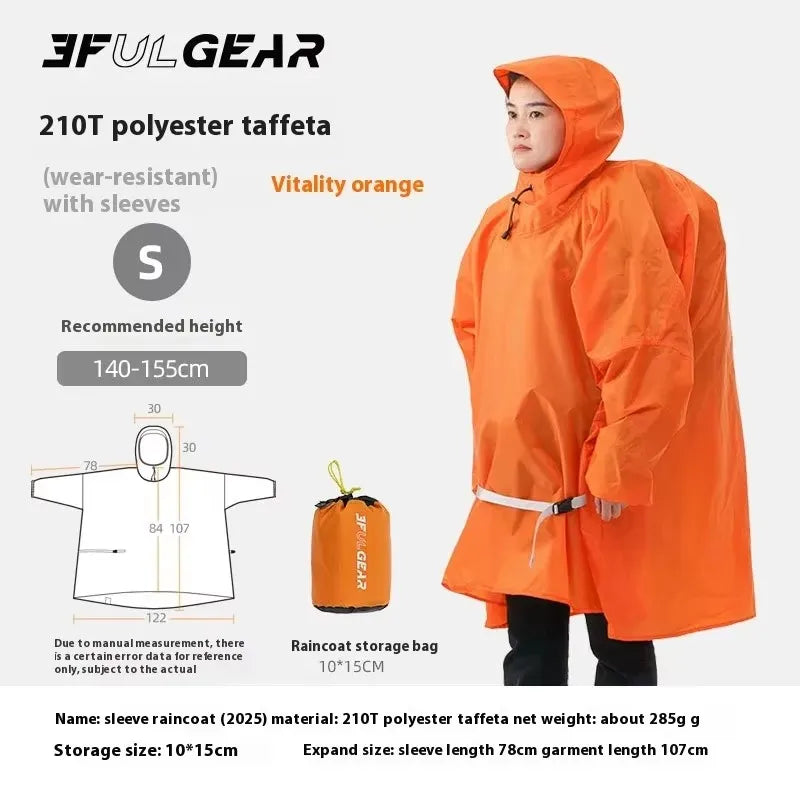 Orange raincoat with storage bag on a white background, featuring Ful Gear branding.