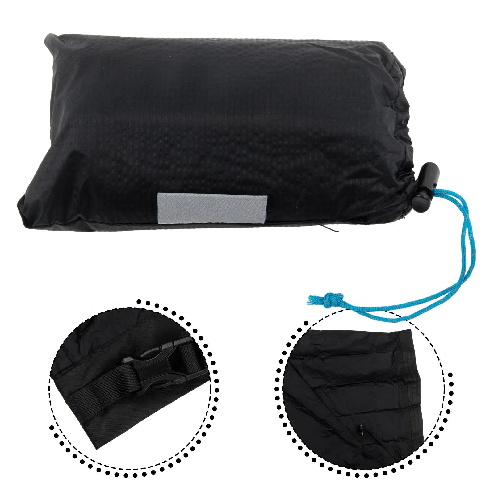 Black compression bag with a drawstring, shown open and closed, on a white background.