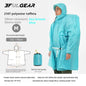 Person wearing a blue raincoat with product details on a white background