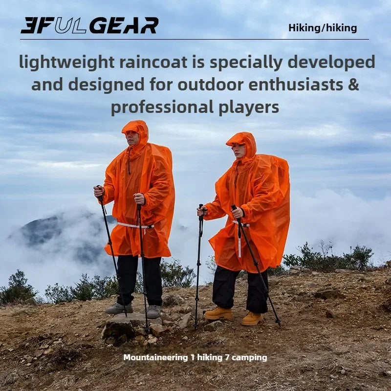 Two people wearing bright orange waterproof raincoats are standing on a rocky mountain ridge with hiking poles, under a cloudy sky. Large promotional text at the top reads '3FULGEAR' and 'Hiking/hiking', with additional marketing copy about the lightweight raincoat being specially developed for outdoor enthusiasts and professionals.