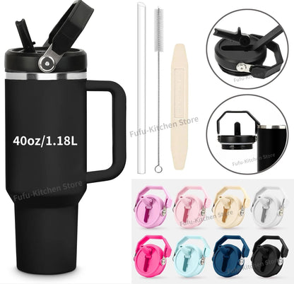 Black travel mug with handle, lid, straw, and cleaning brush on a white background.