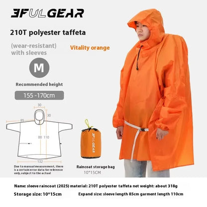 Orange raincoat with measurement chart and storage bag on a white background
