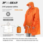 Orange raincoat with measurement chart and storage bag on a white background