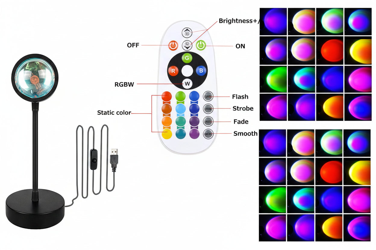 Colorful LED lamp with remote control  on a white background