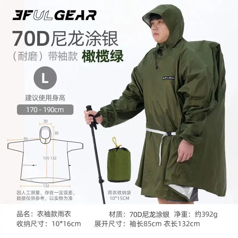 A man wearing an olive green hooded raincoat stands against a white background holding a black pole, with product text, sizing information, a garment diagram, and a matching storage pouch shown. The visible brand at the top is 3FULGEAR.