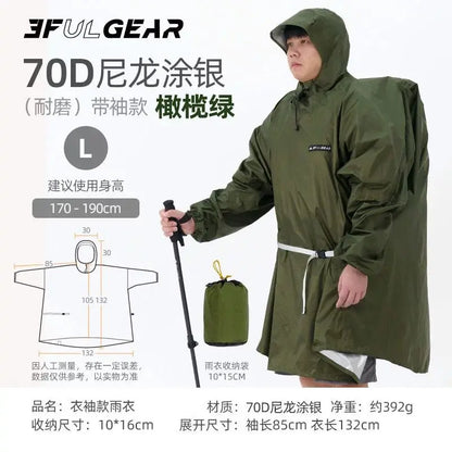 A man wearing an olive green hooded raincoat stands against a white background holding a black pole, with product text, sizing information, a garment diagram, and a matching storage pouch shown. The visible brand at the top is 3FULGEAR.