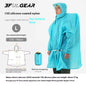 A person wearing a bright blue hooded raincoat with sleeves on a light gray background, alongside product text, a size diagram, a raincoat storage bag, and a color label reading Sea breeze blue.