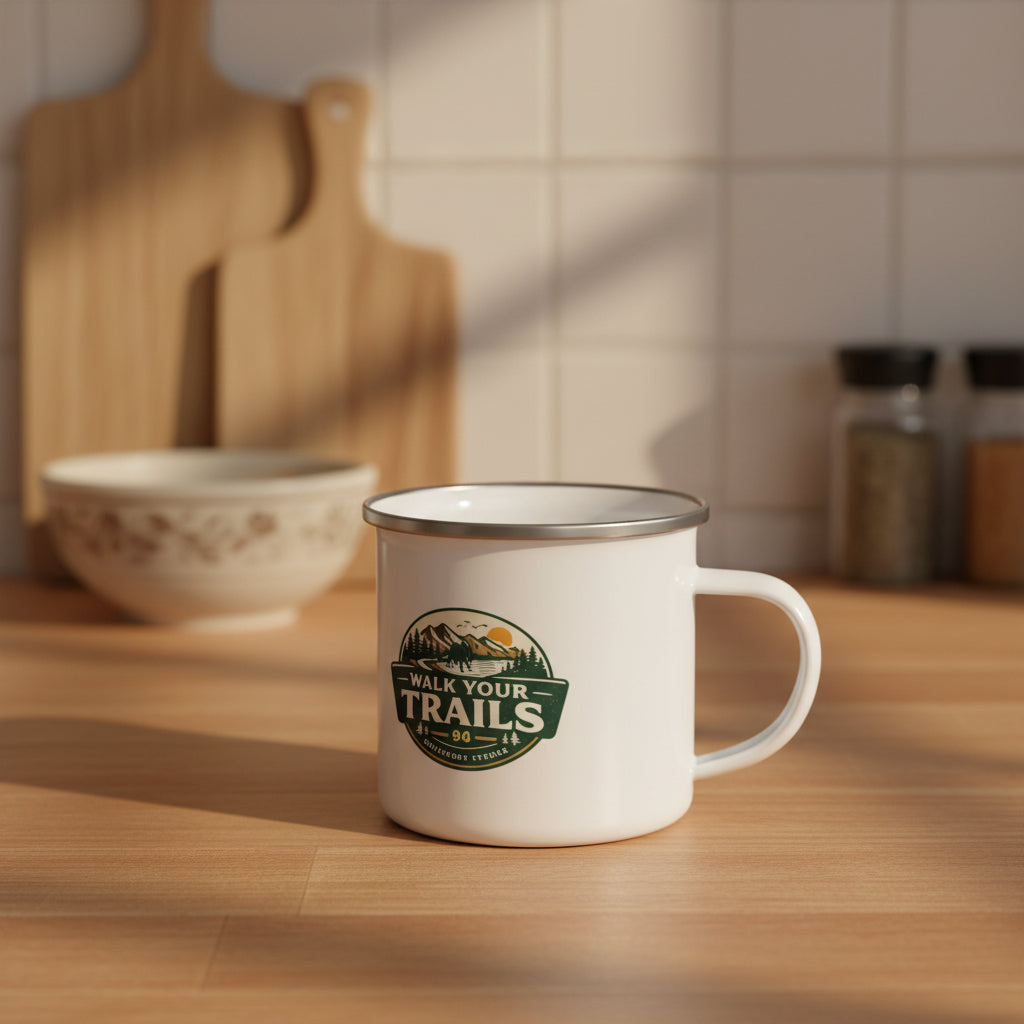 Enamel Mug A white enamel camp mug with a silver metal rim, featuring partial green and gold circular mountain-themed graphics on the sides, shown on a clean white background.