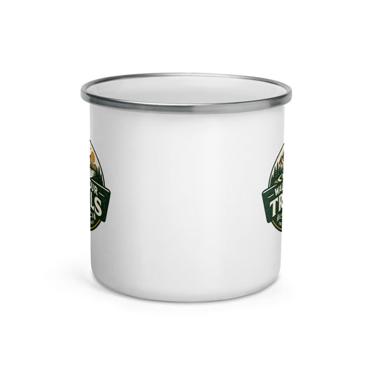 A white enamel camp mug with a silver metal rim, featuring partial green and gold circular mountain-themed graphics on the sides, shown on a clean white background.