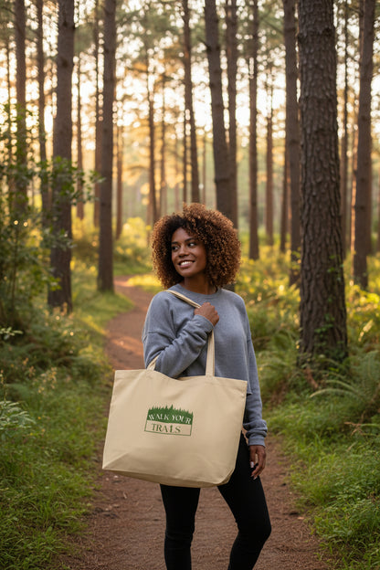 Large Organic Tote Bag, Woman holding a tote bag with a logo in a forest