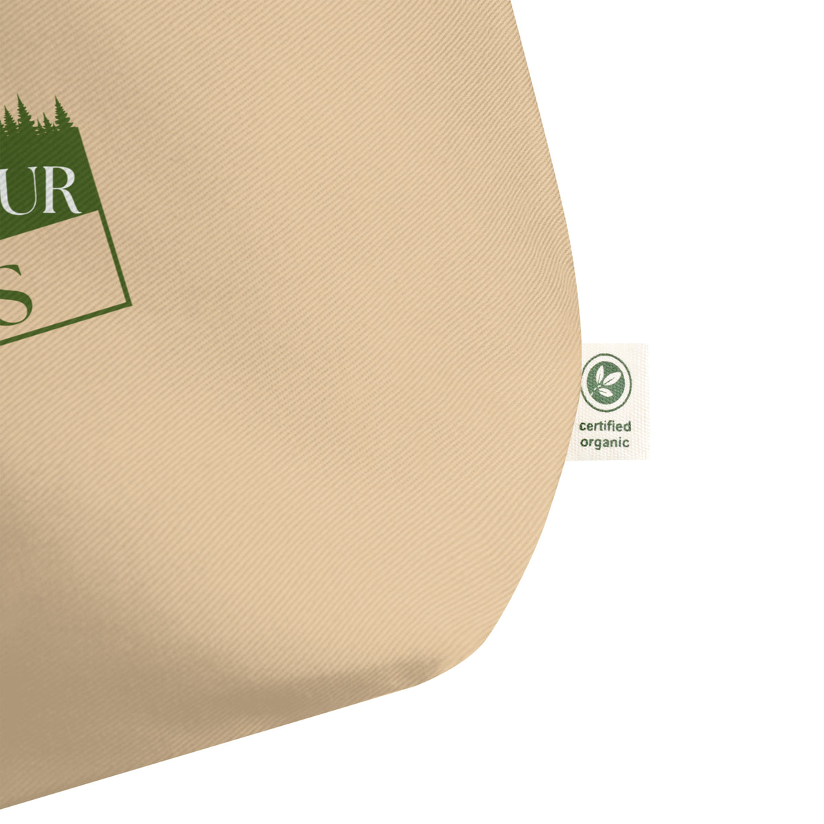 Large Organic Tote Bag, Beige fabric with green logo and &