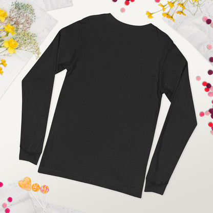 Unisex Long Sleeve Tee, Gray long-sleeve shirt on a white background with decorative elements