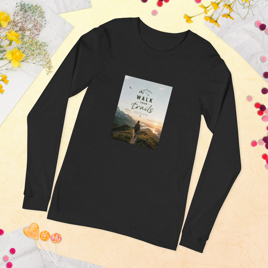 Unisex Long Sleeve Tee, Black long-sleeve shirt with a graphic design on a decorative background