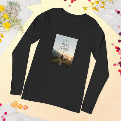 Unisex Long Sleeve Tee, Black long-sleeve shirt with a graphic design on a decorative background