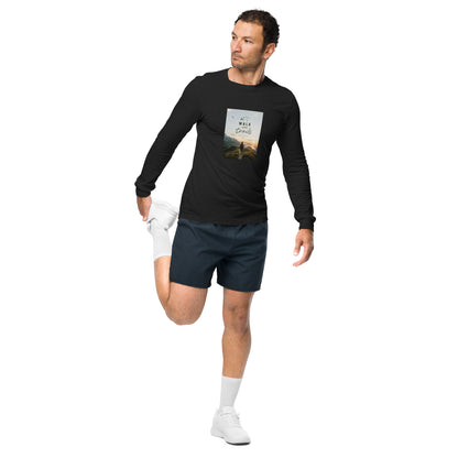 Unisex Long Sleeve Tee, Man wearing a black long-sleeve shirt with a graphic design on a white background