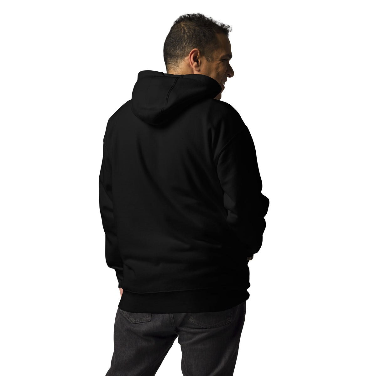 Unisex Hoodie Soft Warm Classic Fit, Man wearing a black hoodie from behind on a white background