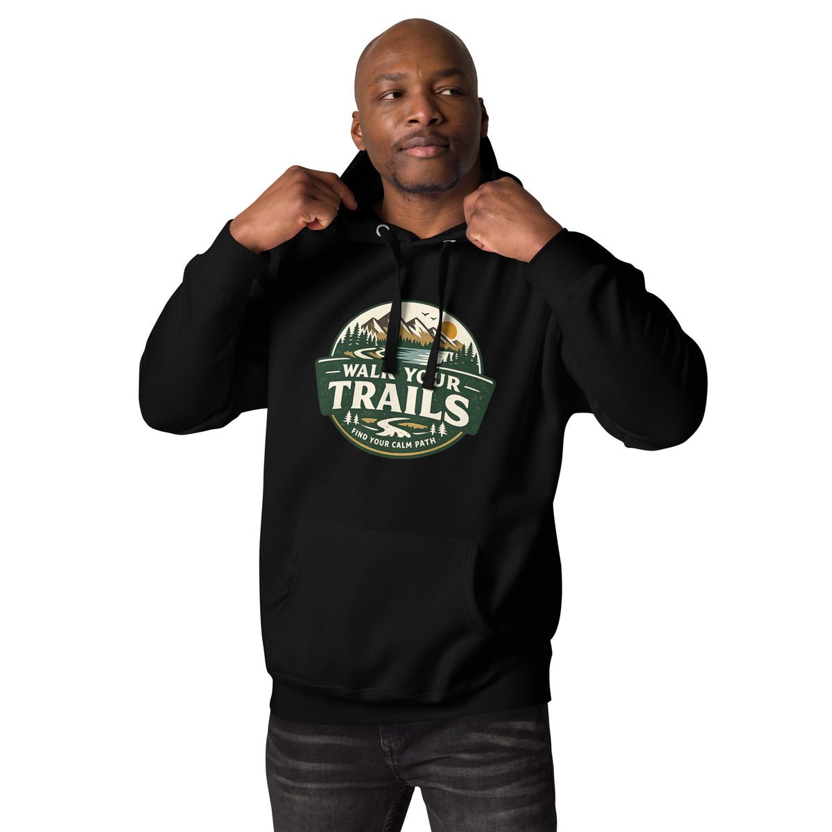 Unisex Hoodie Soft Warm Classic Fit, Man wearing a black hoodie with &