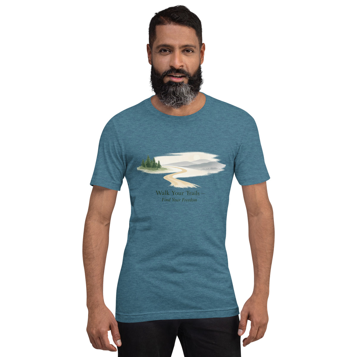 Classic Comfort Tee Soft Feel Perfect Fit, Man wearing a blue t-shirt with a nature graphic and text on a white background