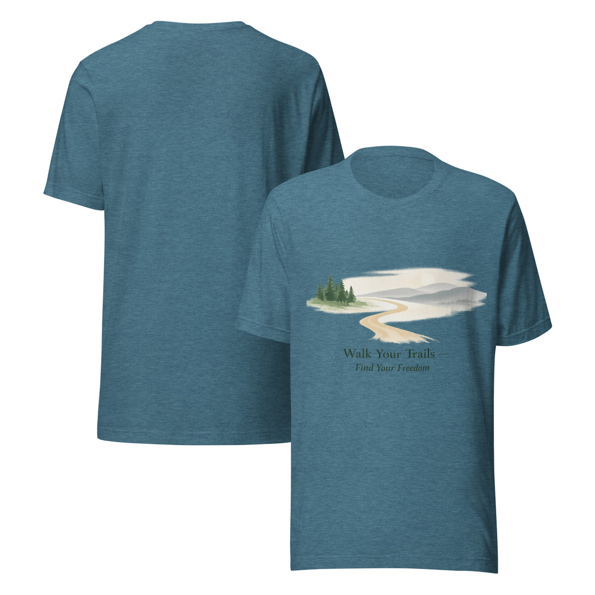 Classic Comfort Tee Soft Feel Perfect Fit, Blue t-shirt with a nature graphic and text on a white background