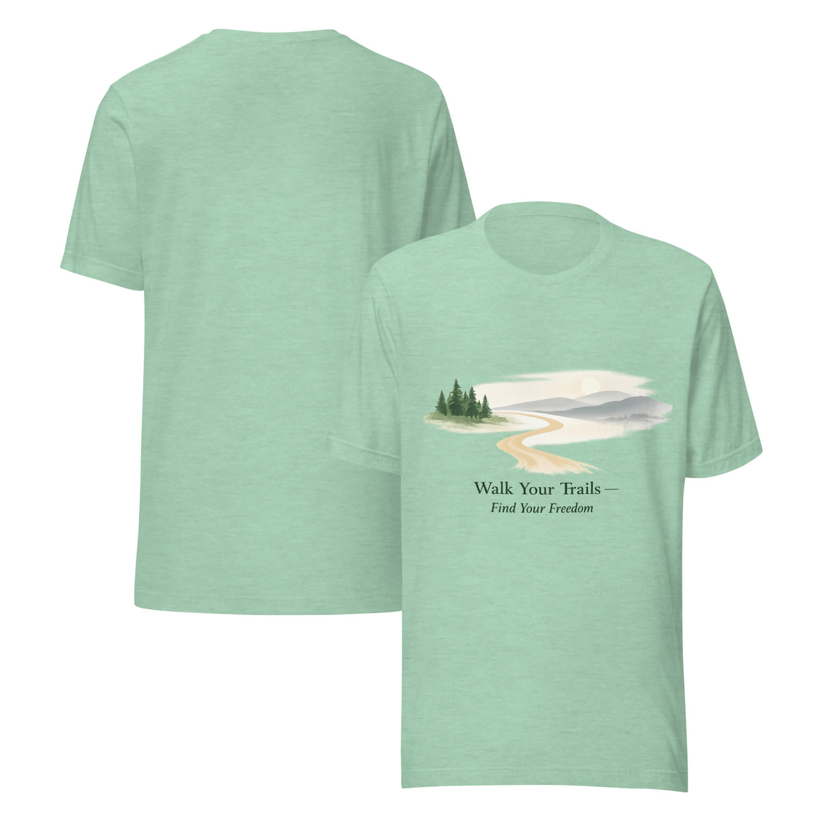 Classic Comfort Tee Soft Feel Perfect Fit, Green t-shirt with nature graphic and text on a white background