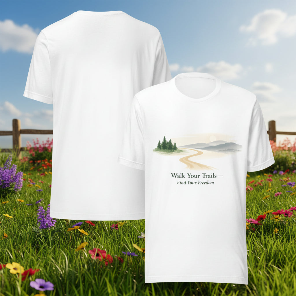 Classic Comfort Tee Soft Feel Perfect Fit, White t-shirt with nature graphic and text on a white background